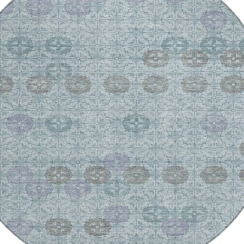 8' Teal Blue And Gray Round Geometric Washable Indoor Outdoor Area Rug Photo 8