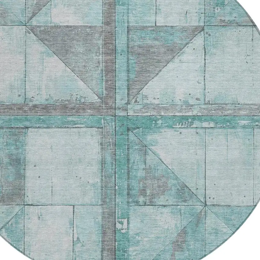 8' Teal Blue And Gray Round Geometric Washable Indoor Outdoor Area Rug Photo 4