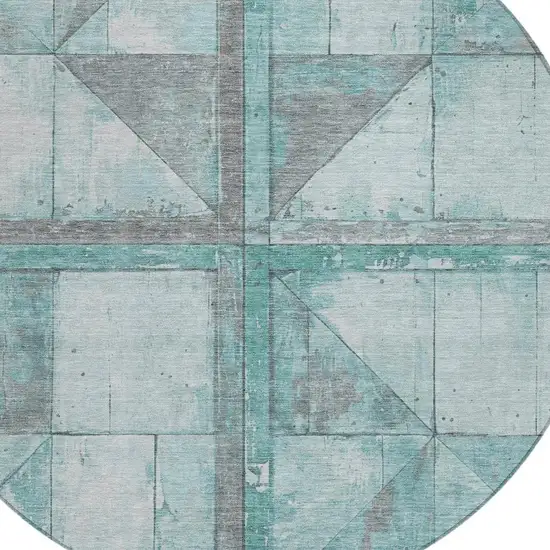 8' Teal Blue And Gray Round Geometric Washable Indoor Outdoor Area Rug Photo 4