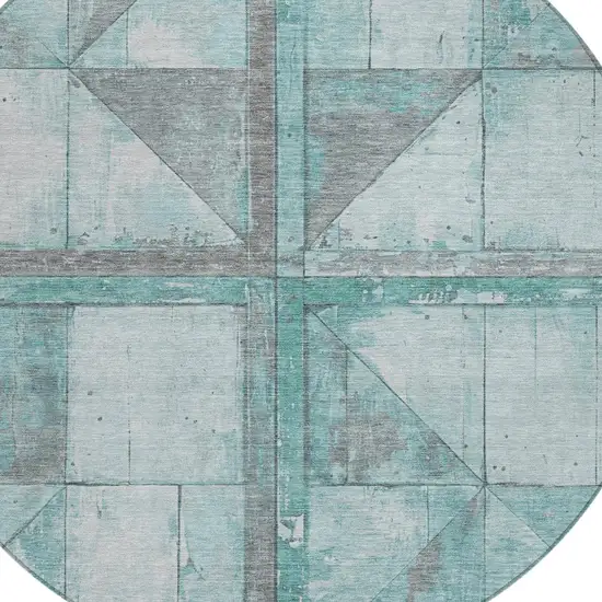 8' Teal Blue And Gray Round Geometric Washable Indoor Outdoor Area Rug Photo 8