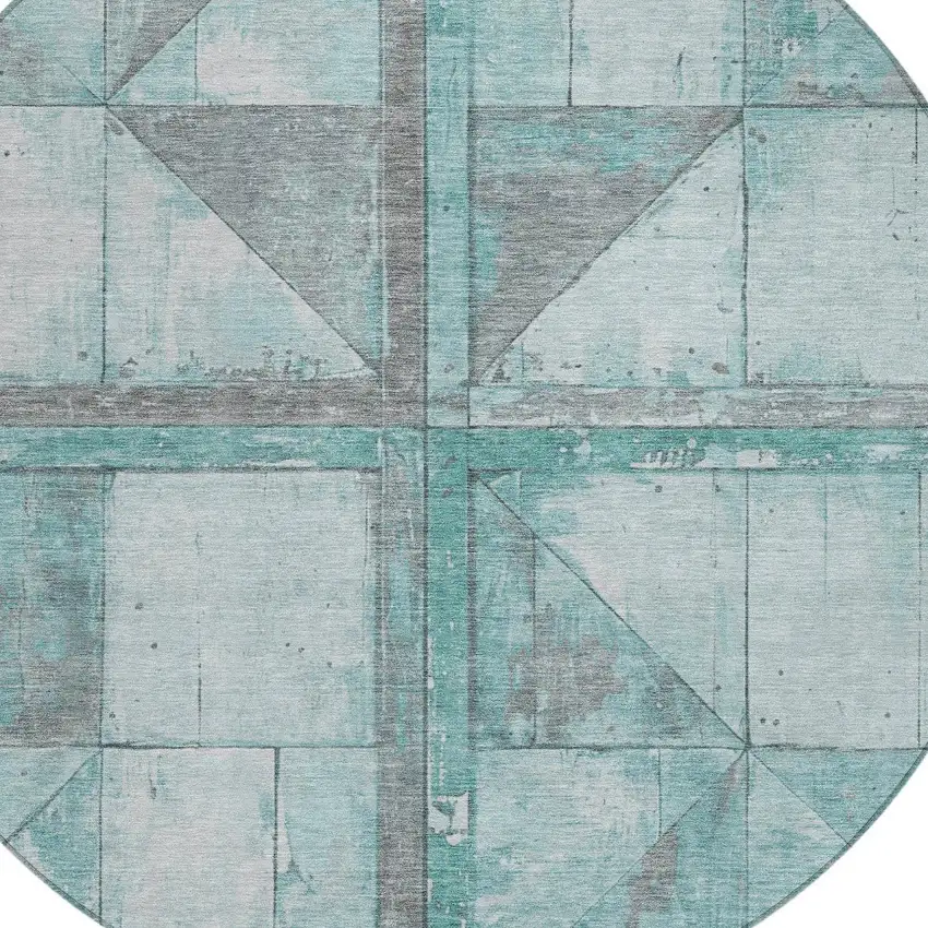 8' Teal Blue And Gray Round Geometric Washable Indoor Outdoor Area Rug Photo 8