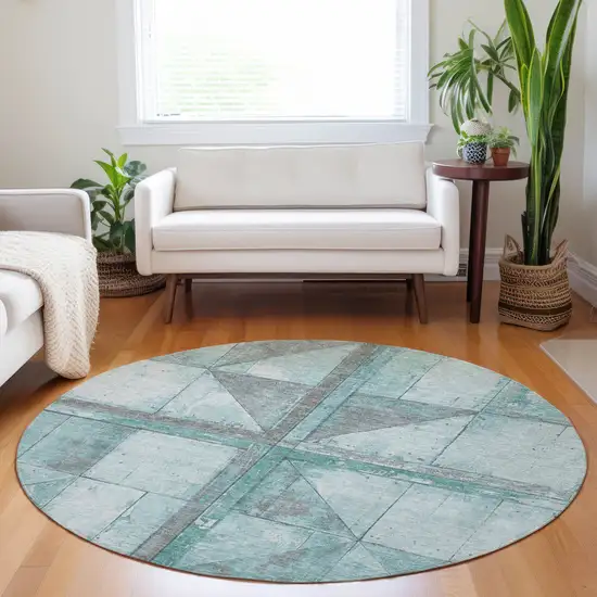 8' Teal Blue And Gray Round Geometric Washable Indoor Outdoor Area Rug Photo 6