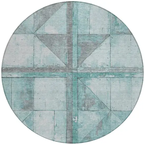 8' Teal Blue And Gray Round Geometric Washable Indoor Outdoor Area Rug Photo 3