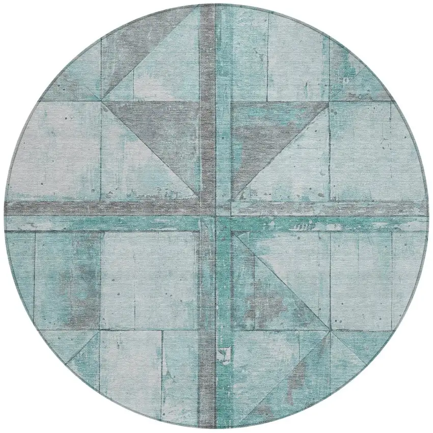 8' Teal Blue And Gray Round Geometric Washable Indoor Outdoor Area Rug Photo 3