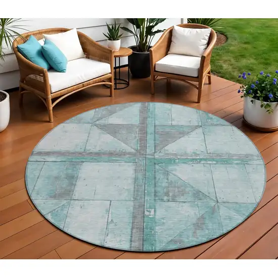8' Teal Blue And Gray Round Geometric Washable Indoor Outdoor Area Rug Photo 2