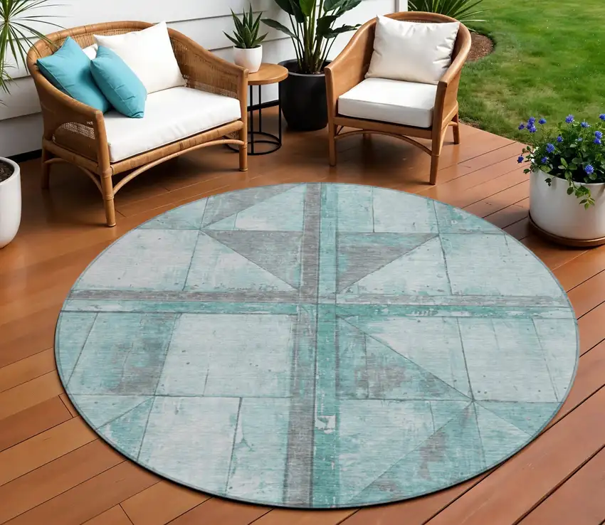 8' Teal Blue And Gray Round Geometric Washable Indoor Outdoor Area Rug Photo 2