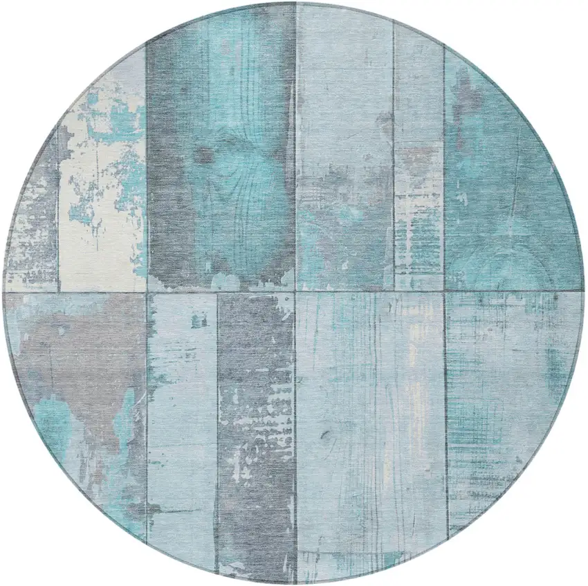 8' Teal Blue And Gray Round Geometric Washable Indoor Outdoor Area Rug Photo 3