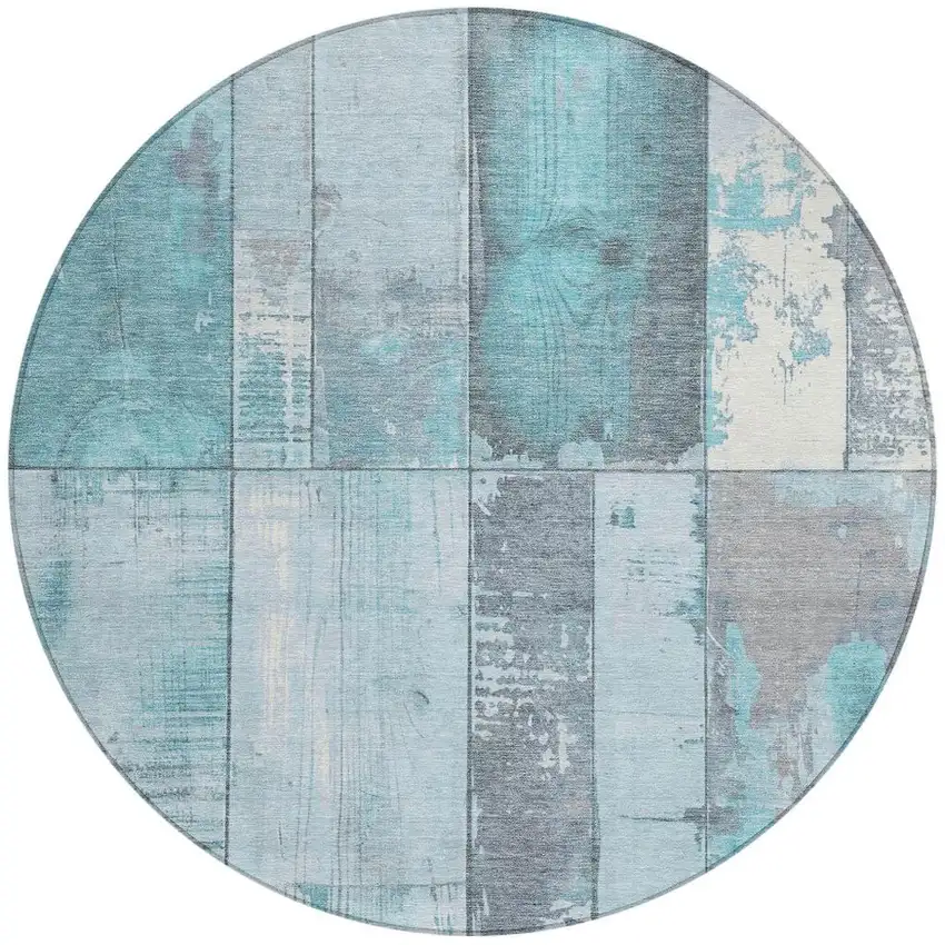 8' Teal Blue And Gray Round Geometric Washable Indoor Outdoor Area Rug Photo 4