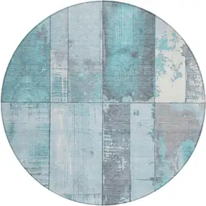 Photo of 8' Teal Blue And Gray Round Geometric Washable Indoor Outdoor Area Rug