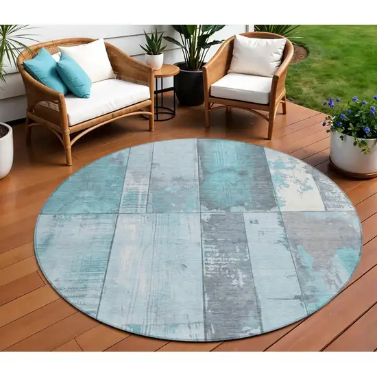 8' Teal Blue And Gray Round Geometric Washable Indoor Outdoor Area Rug Photo 2