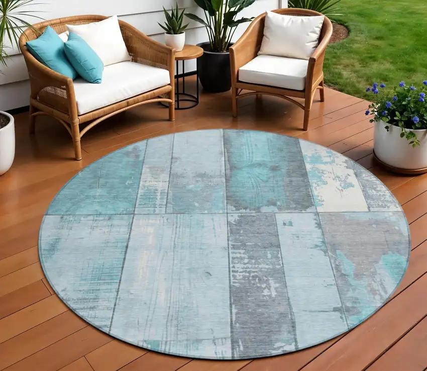 8' Teal Blue And Gray Round Geometric Washable Indoor Outdoor Area Rug Photo 2