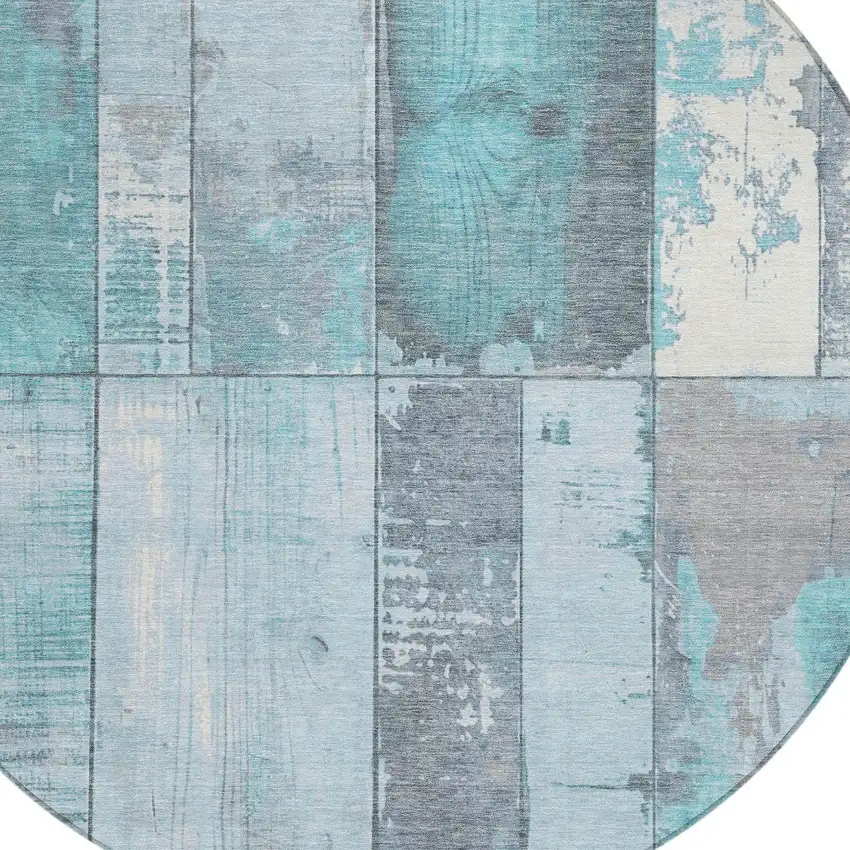 8' Teal Blue And Gray Round Geometric Washable Indoor Outdoor Area Rug Photo 8