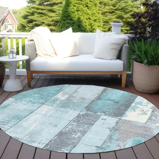 8' Teal Blue And Gray Round Geometric Washable Indoor Outdoor Area Rug Photo 5
