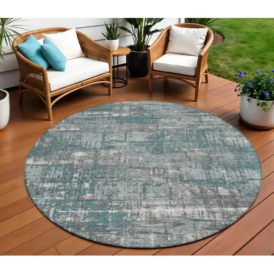 8' Teal Blue And Gray Round Geometric Washable Indoor Outdoor Area Rug Photo 2