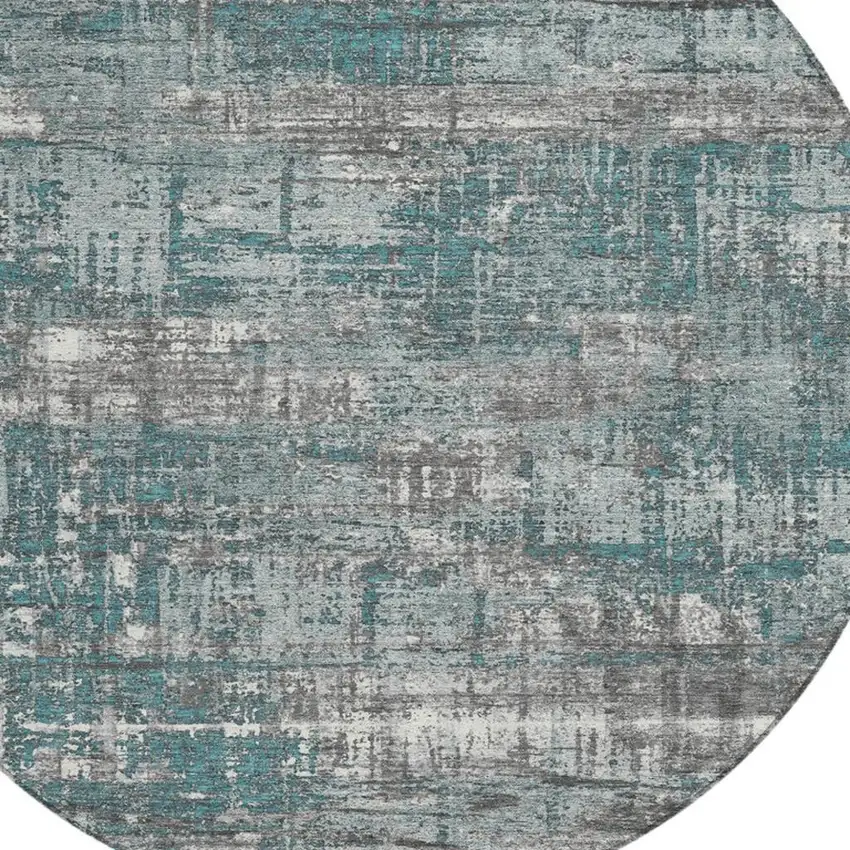 8' Teal Blue And Gray Round Geometric Washable Indoor Outdoor Area Rug Photo 4