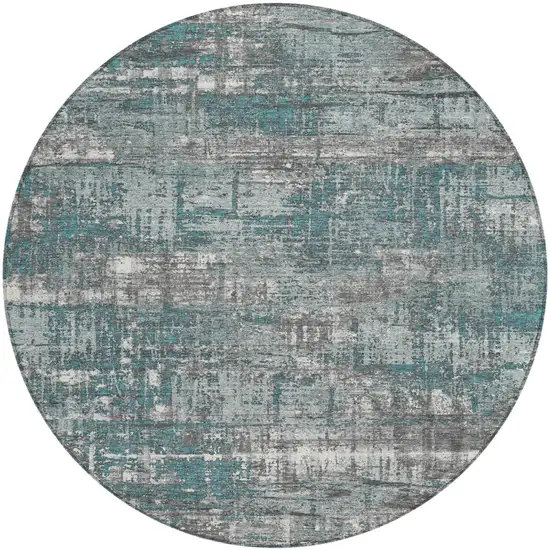 8' Teal Blue And Gray Round Geometric Washable Indoor Outdoor Area Rug Photo 1