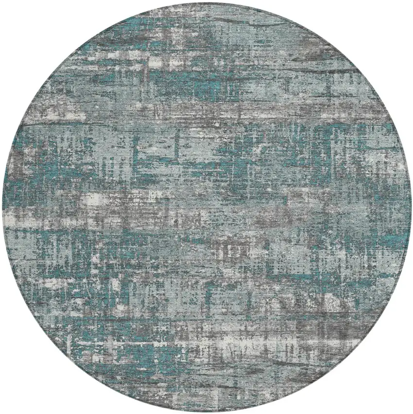8' Teal Blue And Gray Round Geometric Washable Indoor Outdoor Area Rug Photo 1