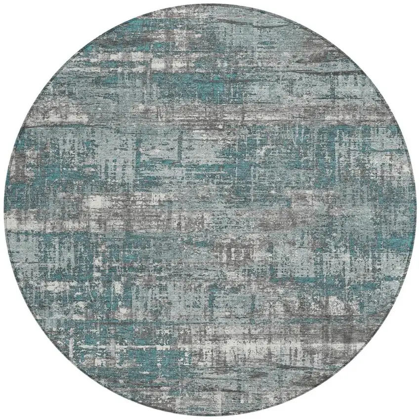 8' Teal Blue And Gray Round Geometric Washable Indoor Outdoor Area Rug Photo 3
