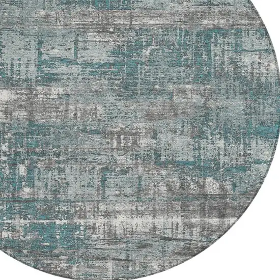 8' Teal Blue And Gray Round Geometric Washable Indoor Outdoor Area Rug Photo 8