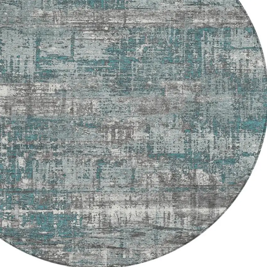 8' Teal Blue And Gray Round Geometric Washable Indoor Outdoor Area Rug Photo 8