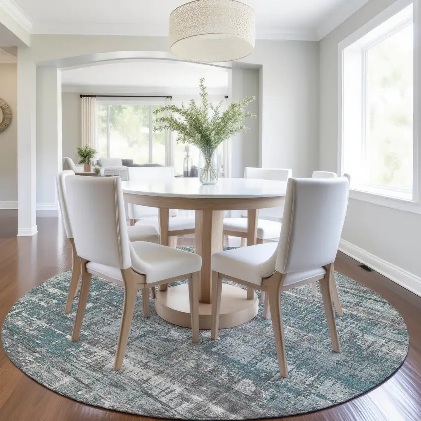 8' Teal Blue And Gray Round Geometric Washable Indoor Outdoor Area Rug Photo 6