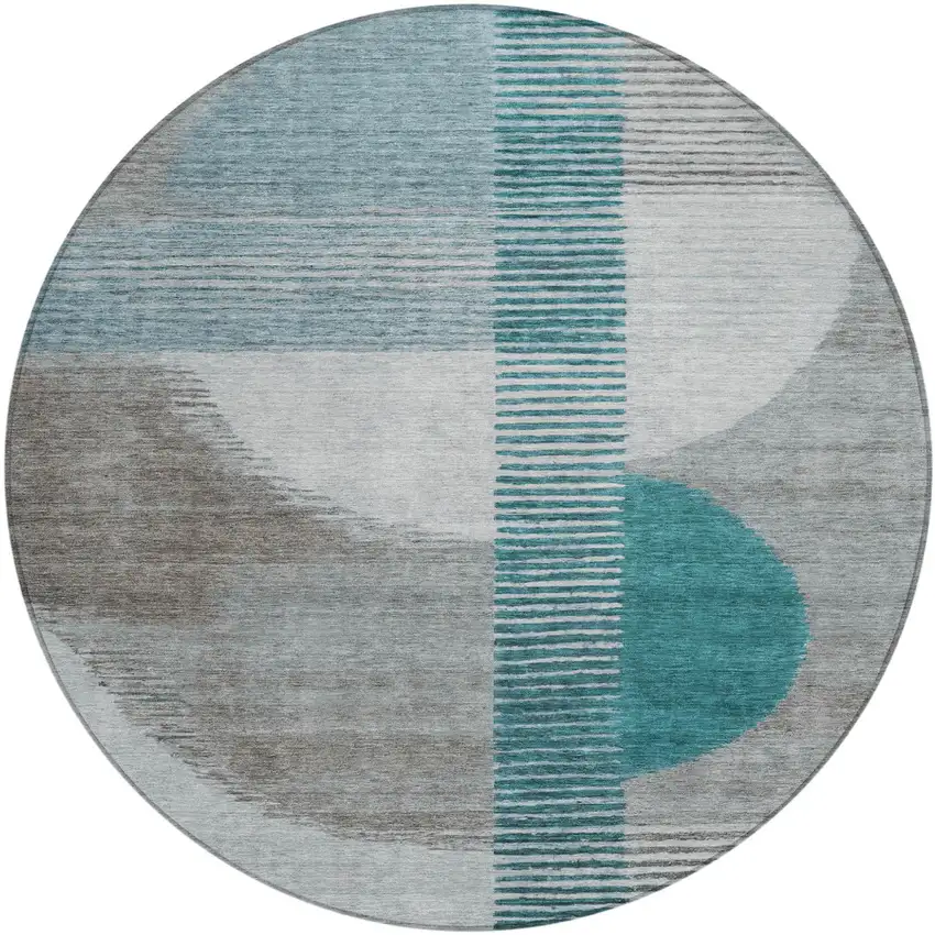8' Teal Blue And Gray Round Geometric Washable Indoor Outdoor Area Rug Photo 1