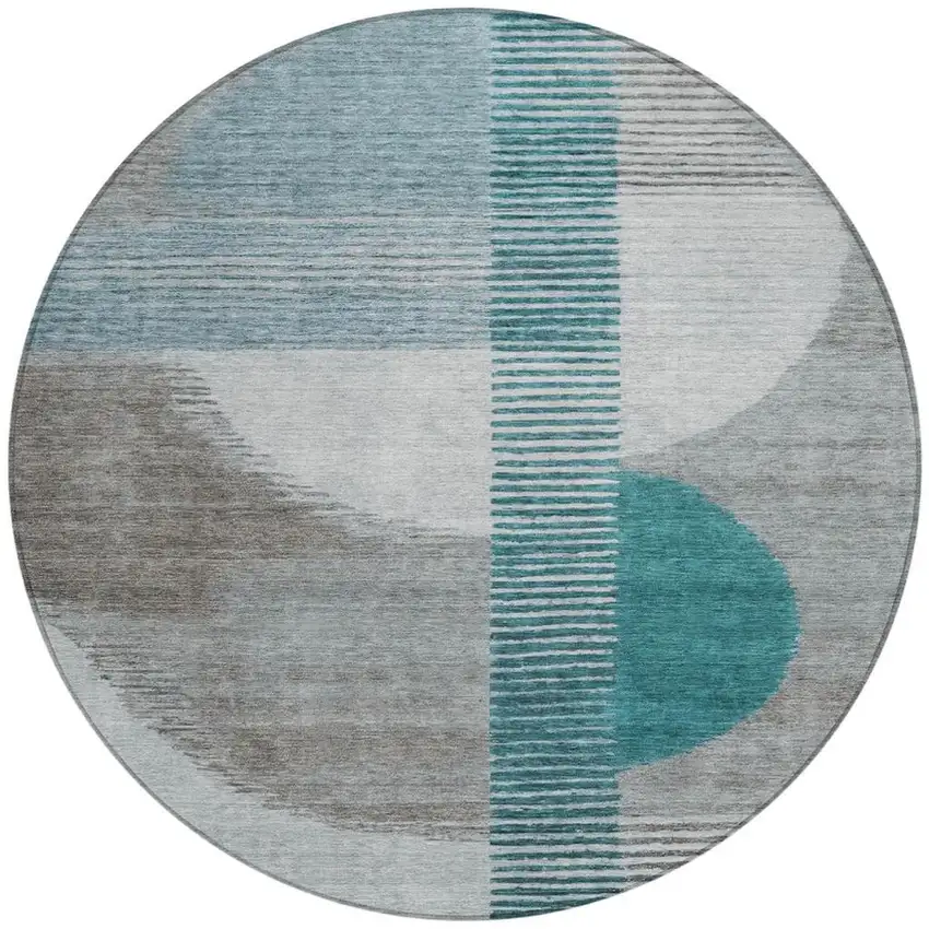 8' Teal Blue And Gray Round Geometric Washable Indoor Outdoor Area Rug Photo 3