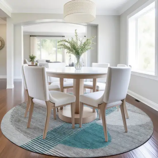 8' Teal Blue And Gray Round Geometric Washable Indoor Outdoor Area Rug Photo 6