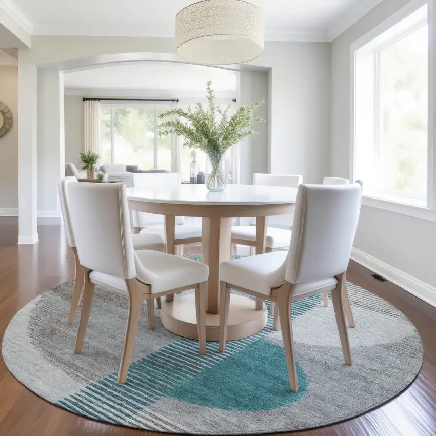 8' Teal Blue And Gray Round Geometric Washable Indoor Outdoor Area Rug Photo 6