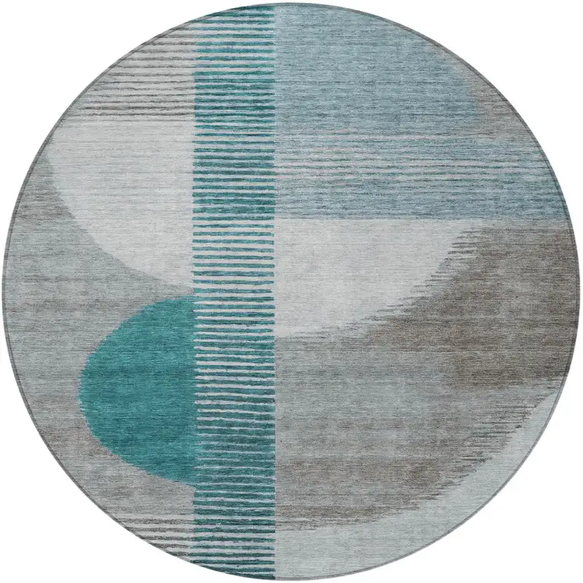 8' Teal Blue And Gray Round Geometric Washable Indoor Outdoor Area Rug Photo 4