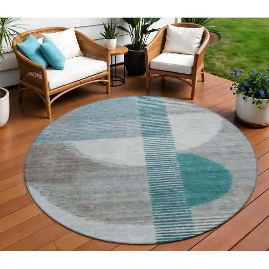 8' Teal Blue And Gray Round Geometric Washable Indoor Outdoor Area Rug Photo 2