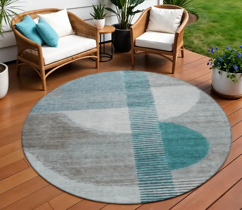 8' Teal Blue And Gray Round Geometric Washable Indoor Outdoor Area Rug Photo 2