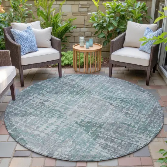 8' Teal Blue And Gray Round Geometric Washable Indoor Outdoor Area Rug Photo 6