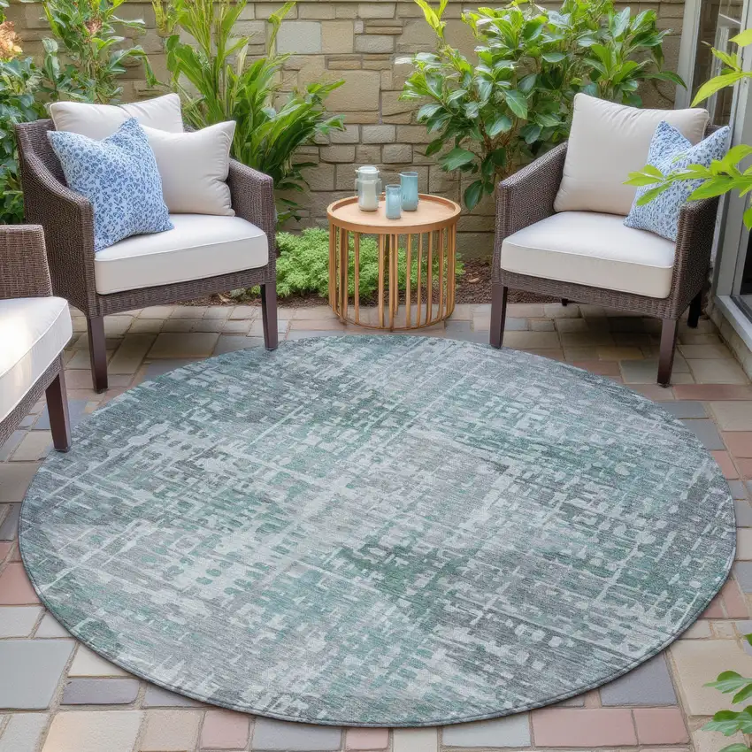 8' Teal Blue And Gray Round Geometric Washable Indoor Outdoor Area Rug Photo 6