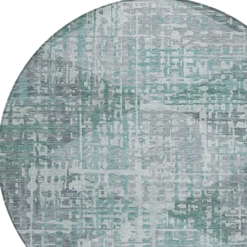 8' Teal Blue And Gray Round Geometric Washable Indoor Outdoor Area Rug Photo 4