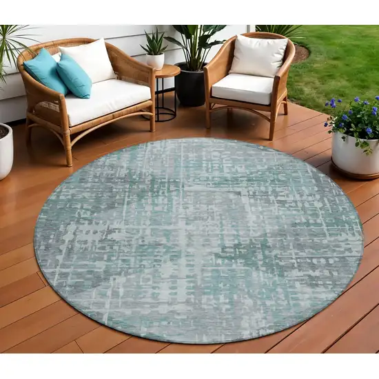 8' Teal Blue And Gray Round Geometric Washable Indoor Outdoor Area Rug Photo 2
