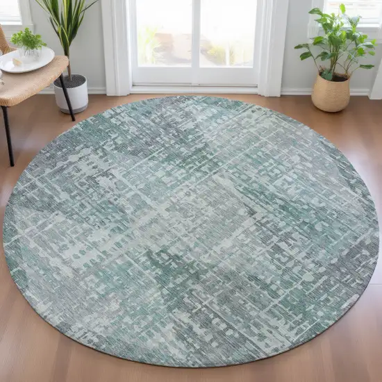 8' Teal Blue And Gray Round Geometric Washable Indoor Outdoor Area Rug Photo 5