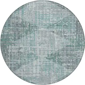 Photo of 8' Teal Blue And Gray Round Geometric Washable Indoor Outdoor Area Rug