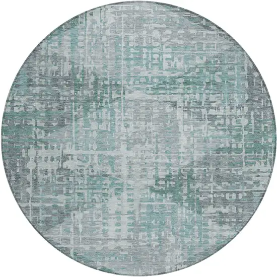 8' Teal Blue And Gray Round Geometric Washable Indoor Outdoor Area Rug Photo 1