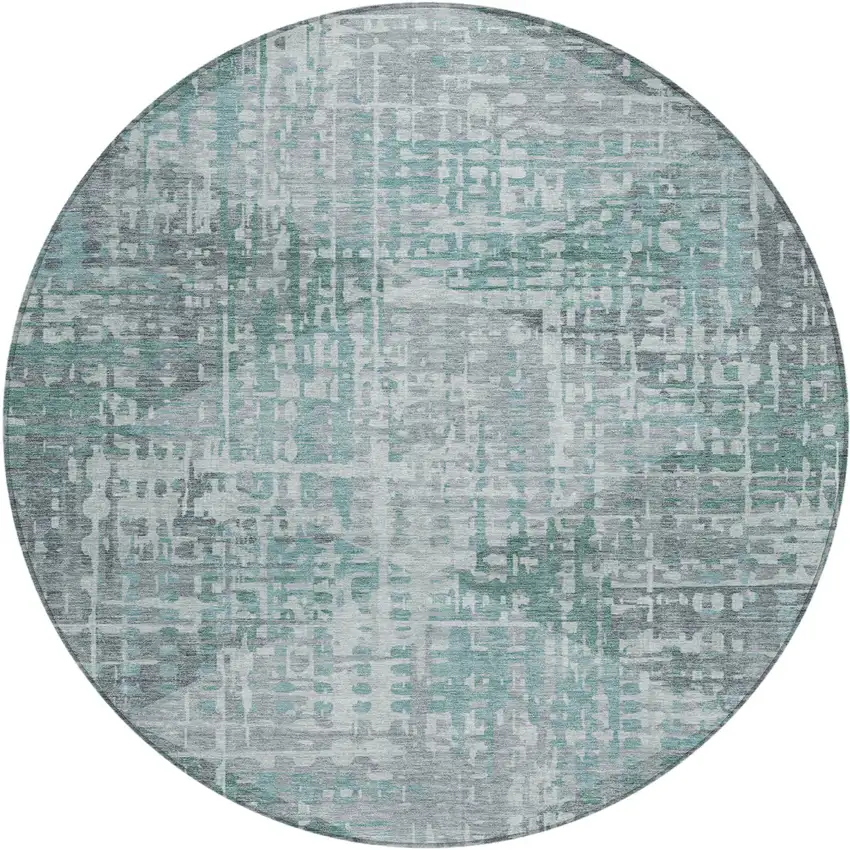 8' Teal Blue And Gray Round Geometric Washable Indoor Outdoor Area Rug Photo 1