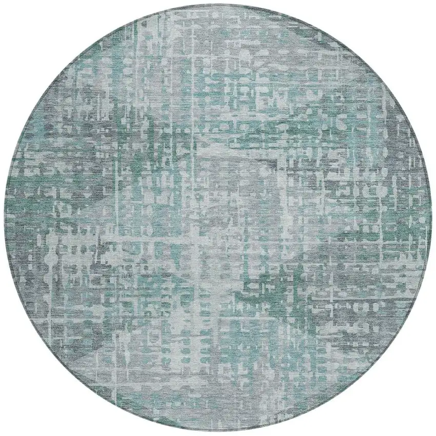 8' Teal Blue And Gray Round Geometric Washable Indoor Outdoor Area Rug Photo 3