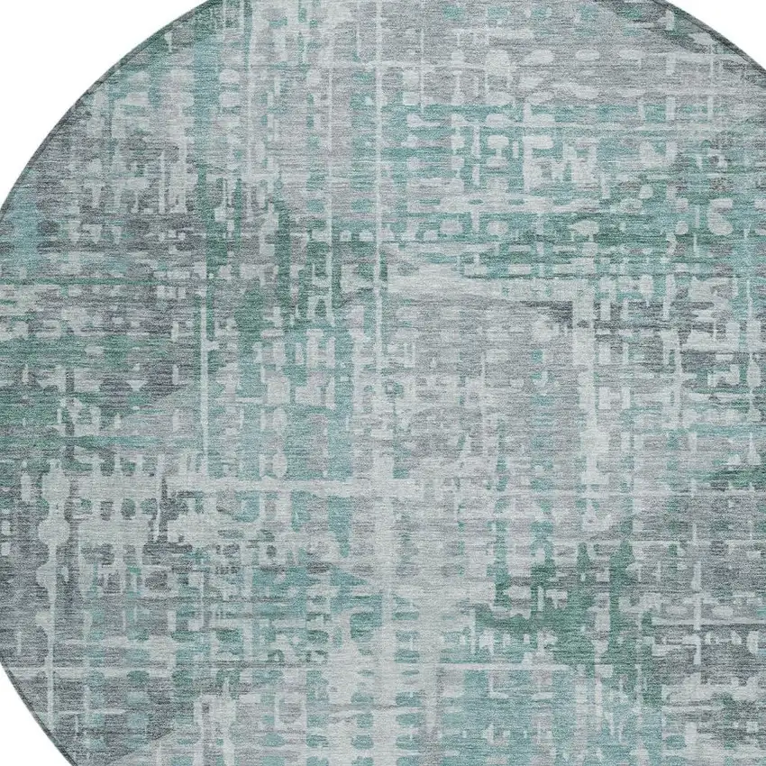 8' Teal Blue And Gray Round Geometric Washable Indoor Outdoor Area Rug Photo 8