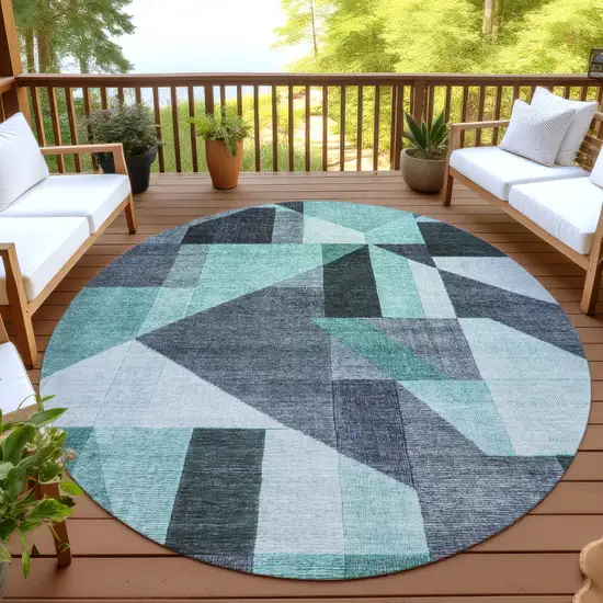 8' Teal Blue And Gray Round Geometric Washable Indoor Outdoor Area Rug Photo 4