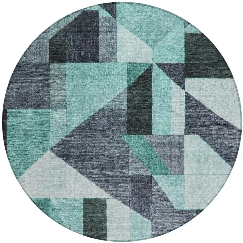 8' Teal Blue And Gray Round Geometric Washable Indoor Outdoor Area Rug Photo 3