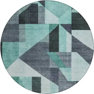 Photo of 8' Teal Blue And Gray Round Geometric Washable Indoor Outdoor Area Rug