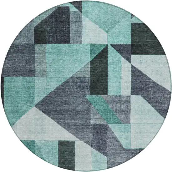 8' Teal Blue And Gray Round Geometric Washable Indoor Outdoor Area Rug Photo 1
