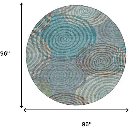8' Teal Blue And Gray Round Geometric Washable Indoor Outdoor Area Rug Photo 8