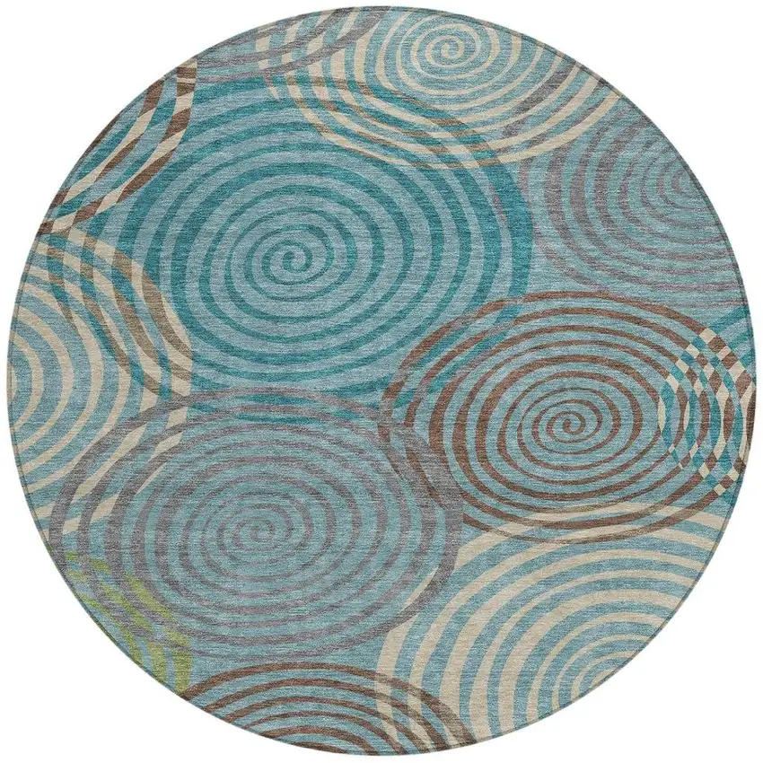 8' Teal Blue And Gray Round Geometric Washable Indoor Outdoor Area Rug Photo 3