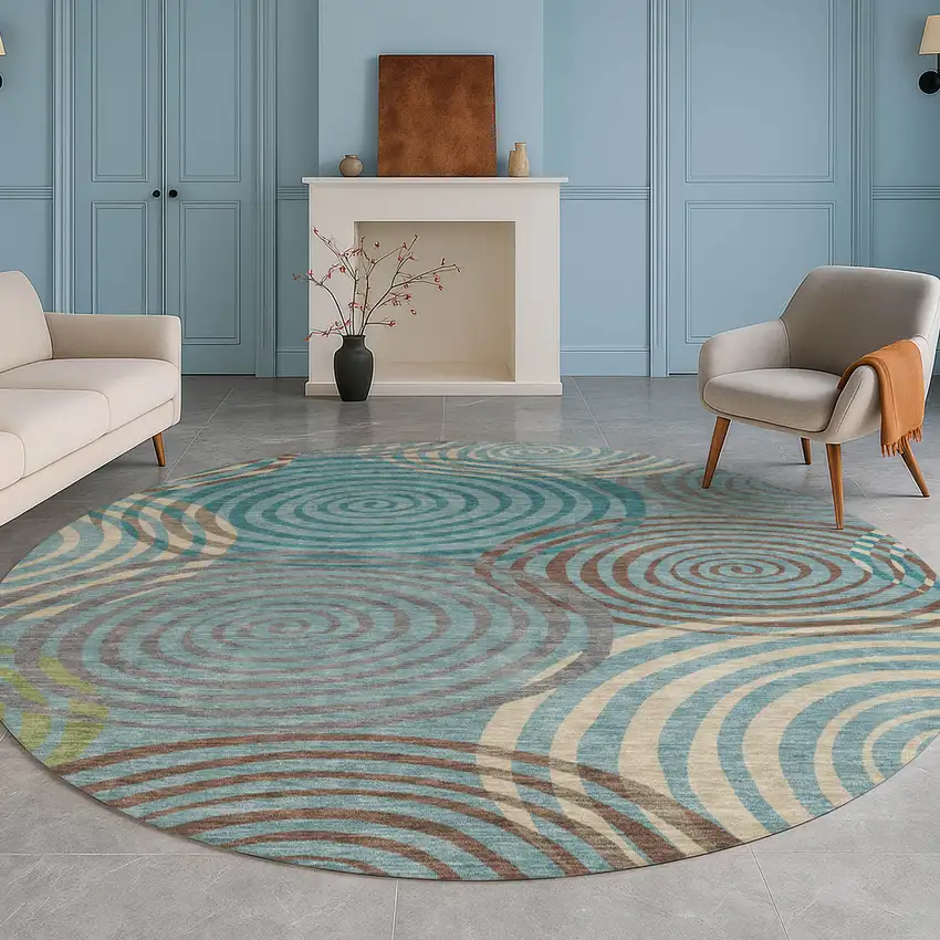 8' Teal Blue And Gray Round Geometric Washable Indoor Outdoor Area Rug Photo 5
