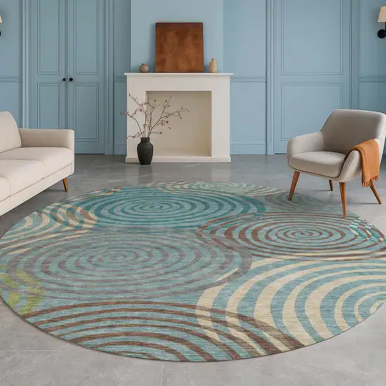 8' Teal Blue And Gray Round Geometric Washable Indoor Outdoor Area Rug Photo 5